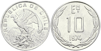 Чили 10 эскудо 1974 KM 200 алюминий UNC M17-13