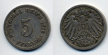 ГЕРМАНИЯ 5 ПФЕННИГОВ 1906 A, KM 11, J. 12 медно-никель 76-122