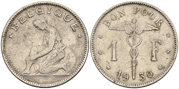 Бельгия 1 франк 1930 BELGIQUE KM 89 никель 4592-515