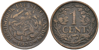 Нидерланды 1 цент 1920 Вильгельмина (1890-1948) KM 152 бронза 4576-728