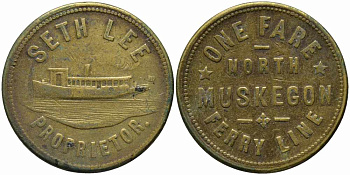 США ТРАНСПОРТНЫЙ ЖЕТОН НА ОДНУ ПОЕЗКУ НА ПАРОМНОЙ ПЕРЕПРАВЕ ПО ОЗЕРУ МИЧИГАН, ГОРОД НОРТ-МАСКИГОН, ШТАТ МИЧИГАН латунь 113-224