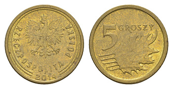 Польша 5 грошей 2014 Y 925 сталь плакированная латунью 4625-417