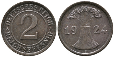 ГЕРМАНИЯ 2 РЕЙХСПФЕННИГА 1924 A KM 38, J. 314 бронза 24-717