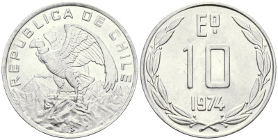 Чили 10 эскудо 1974 KM 200 алюминий UNC M17-13