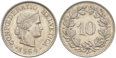 ШВЕЙЦАРИЯ 10 РАППЕНОВ 1964 В KM 27 медно-никель 55-342