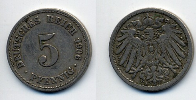 ГЕРМАНИЯ 5 ПФЕННИГОВ 1906 A, KM 11, J. 12 медно-никель 76-122