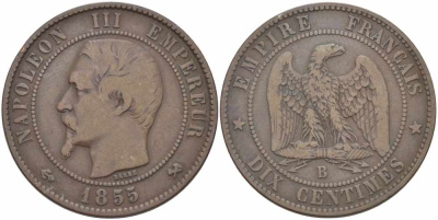 Франция 10 сантимов 1855 B, Наполеон III (1852-1870) KM 771.2, Le Franc 133.21 бронза    4680-531