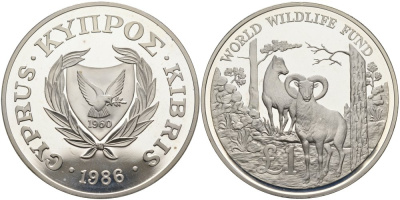 Кипр 1 фунт 1986 25 ЛЕТ ВСЕМИРНОМУ ФОНДУ ОХРАНЫ ПРИРОДЫ, МУФЛОН KM 59а серебро PROOF 01-170-34