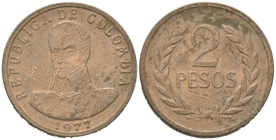 Колумбия 2 песо 1977 Симон Боливар KM 263 бронза 4619-541