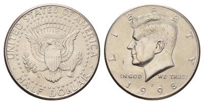 США 1/2 доллара (50 центов) 1998 D, Джон Кеннеди KM A202b медь плакированная медно-никелем UNC 4672-726