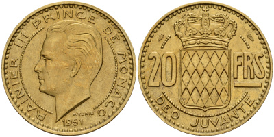 Монако 20 франков 1951 Ренье III (1949-2005) KM 131 алюминиевая бронза 4601-1011