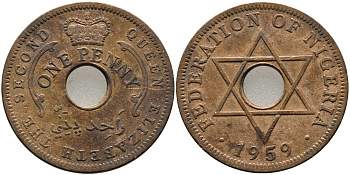 Нигерия 1 пенни 1959 Елизавета II (1952-), Британский протекторат KM 2 бронза 51-2821