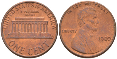 США 1 цент 1980 Авраам Линкольн KM 201 медь цинк 188-218