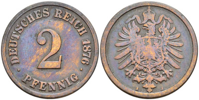 Германия 2 пфеннига 1876 A, старогербовка KM 2, Jager 2, Weege 3 медь 4546-556