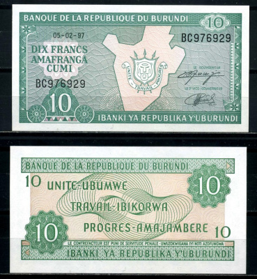 Бурунди 10 франков 1997 5 февраля 1997 Pick 33d бумага UNC (пресс) 6317-15-2-2
