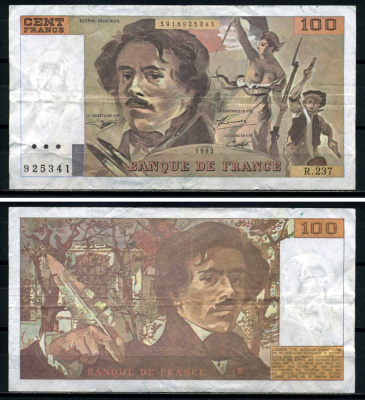 Франция 100 франков 1993 Джен Делакруа, signatures: Bruneel / Bonnardin / Vigier, блок 218 Pick 154g(1) бумага 8590-8-2-1