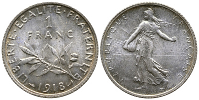 Франция 1 франк 1918 сеятель KM 844.1, Le Franc 217.24 серебро UNC 259-715