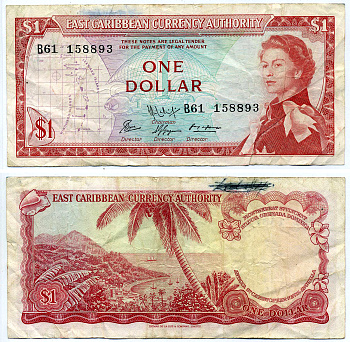 Восточно-Карибские штаты 1 доллар 1965 Британская администрация, подпись 9, серия В61 Pick 13f бумага VF 2197-30-3-1