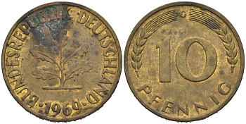 ФРГ 10 ПФЕННИГОВ 1969 G KM 103, J. 378 сталь плакированная латунью 98-525