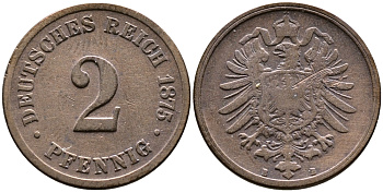 ГЕРМАНИЯ 2 ПФЕННИГА 1875 B, СТАРОГЕРБОВКА KM 2, J.2 медь 72-557