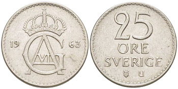 Швеция 25 эре 1963 U, Густав VI Адольф (1950-1973) KM 836 медно-никель 4516-459