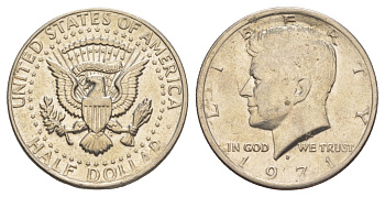 США 1/2 доллара (50 центов) 1971 D, Джон Кеннеди KM 202b медь плакированная медно-никелем aUNC 32-1212