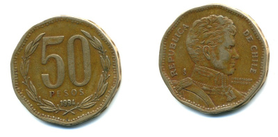 Чили 50 песо 1994 Бернардо О’Хиггинс KM 219.2 алюминиевая бронза 36-345