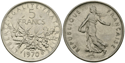 Франция 5 франков 1970 KM 926a медно-никель плакированный никелем 4120-433
