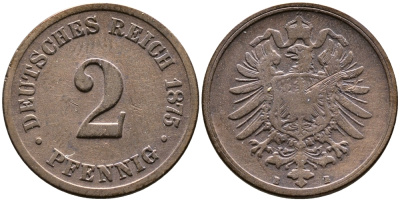 ГЕРМАНИЯ 2 ПФЕННИГА 1875 B, СТАРОГЕРБОВКА KM 2, J.2 медь 72-557