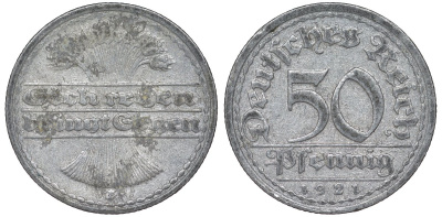 Германия 50 пфеннигов 1921 J - Гамбург KM 27 алюминий 4176-117