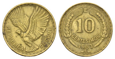 Чили 10 сентесимо 1963 KM 191 алюминиевая бронза 117-1146