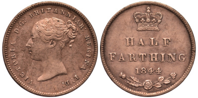 Великобритания 1/2 фартинга 1844 Виктория (1837-1901) KM 738, Spink 3951 медь 1528-915