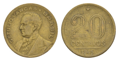 Бразилия 20 сентаво 1945 Жетулиу Варгас KM 556a алюминиевая бронза 4655-1069