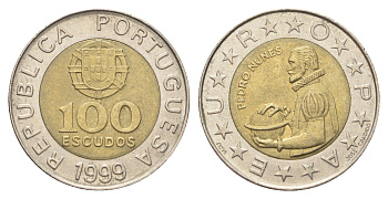 Португалия 100 эскудо 1999 Педру Нуниш (1502-1578), математик KM 645 биметалл 4706-622