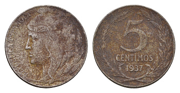 Испания 5 сентимо 1937 Вторая Республика KM 752 железо 4682-835