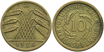 Германия 10 рейхспфеннигов 1924 A KM 40 алюминиевая бронза 4171-322