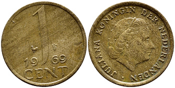 НИДЕРЛАНДЫ 1 ЦЕНТ 1969 ЮЛИАНА KM 180 бронза 4392-1364