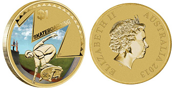 Австралия 1 доллар 2013 серия попробуй это, скейтбординг, цветная эмаль KM 2068 алюминиевая бронза UNC M41-08