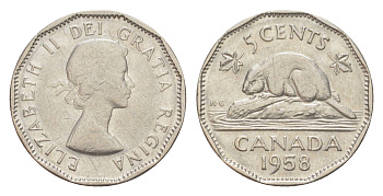 Канада 5 центов 1958 Елизавета II (1952-2022), бобр KM 50a никель 4639-435