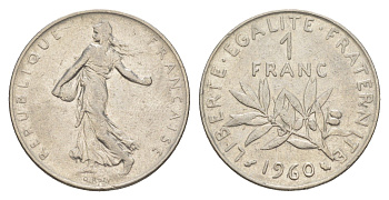 Франция 1 франк 1960 сеятель KM 925, Le Franc 226.5 никель 4650-452