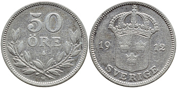 Швеция 50 эре 1912 W, Густав V (1907-1950) KM 788 серебро 1523-345