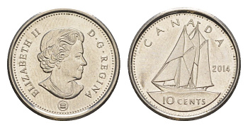 Канада 10 центов 2014 Leaf, Елизавета II (1952-2022), парусник KM 492 сталь плакированная никелем UNC 4630-868