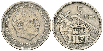 Испания 5 песет 1957 (58) Франсиско Франко (1939-1975) KM 786 медно-никель 85-725