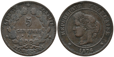 ФРАНЦИЯ 5 САНТИМОВ 1876 А, ТРЕТЬЯ РЕСПУБЛИКА (1871-1940) KM 821.1, LE FRANC 118.14 бронза 34-1221