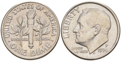 США 10 ЦЕНТОВ = 1 ДАЙМ 1994 P, РУЗВЕЛЬТ KM 195a медь плакированная медно-никелем 187-1113