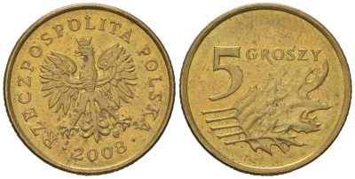 Польша 5 грошей 2008 KM 278 латунь aUNC 4547-735