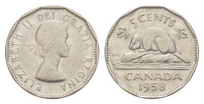 Канада 5 центов 1958 Елизавета II (1952-2022), бобр KM 50a никель 4639-435