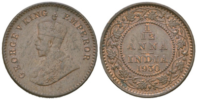 Британская Индия 1/12 анна 1930 Георг V (1910-1936) KM 509 бронза aUNC 4615-257