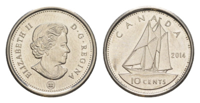 Канада 10 центов 2014 Leaf, Елизавета II (1952-2022), парусник KM 492 сталь плакированная никелем UNC 4630-868
