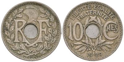 Франция 10 сантимов 1929 KM 866a, Le Franc 138.3 медно-никель 261-517